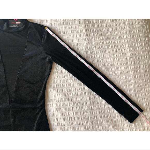 Long Sleeve Black Mesh Plunge Velvet Body Suit - Picture 9 of 11